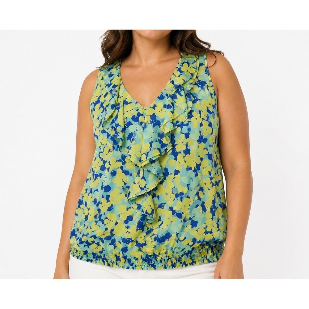Lane Bryant Womens 20 Blue Yellow Floral Ruffle V-Neck Smocked Hem Blouse Top